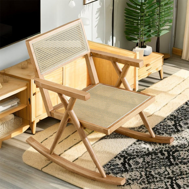 Avishek Solid Wood Rocking Chair Modern Rattan Accent Chair Small Rocker Comfy Armchair for Living Room